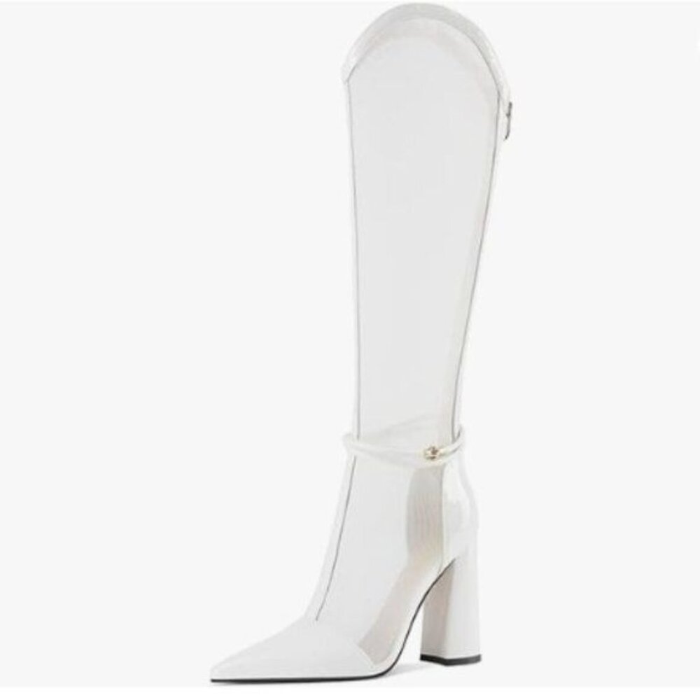 FSJ Women Elegant Pointed Toe Chunky High Heel Mesh Knee High Long Boots White
